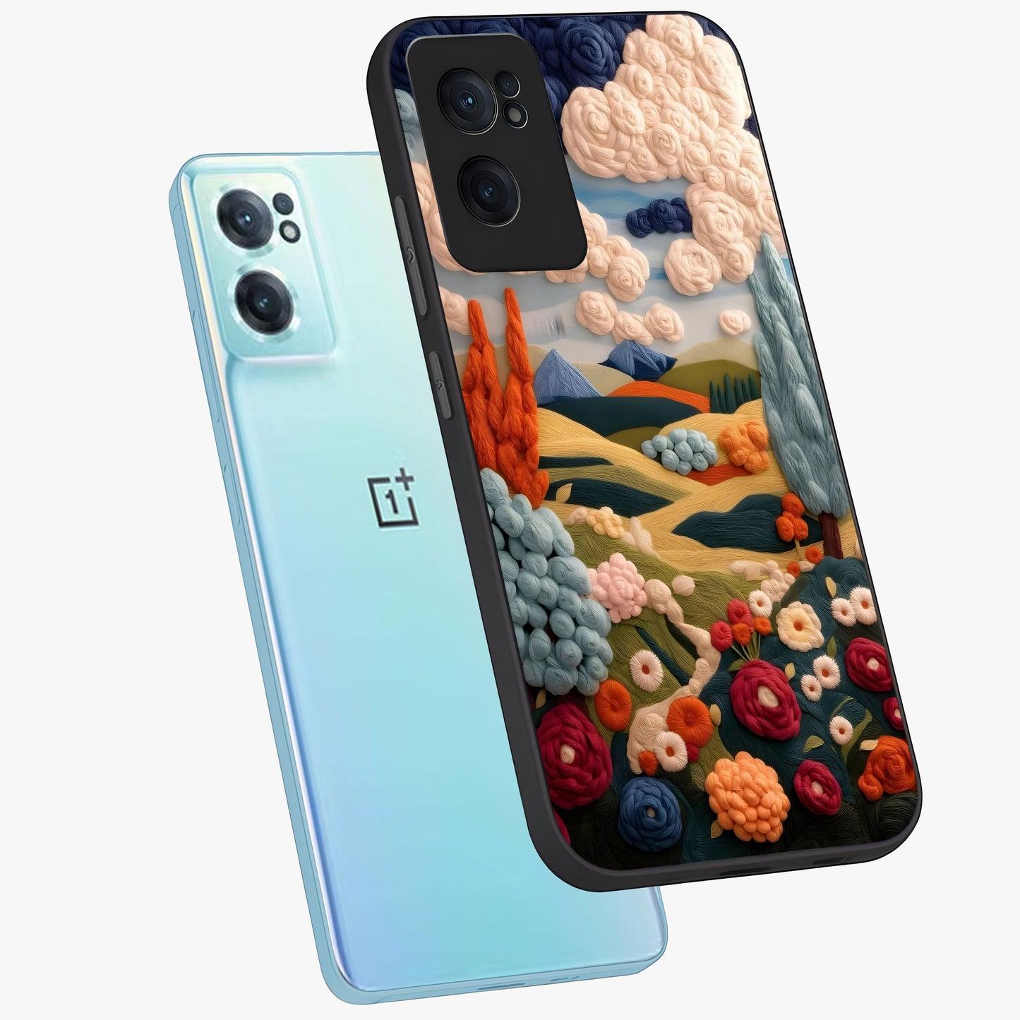 Cloud Cotton Meadows Printed Glass Case for 1+Nord CE 2  side perspective highlighting smooth edges and delicate meadow detailing
