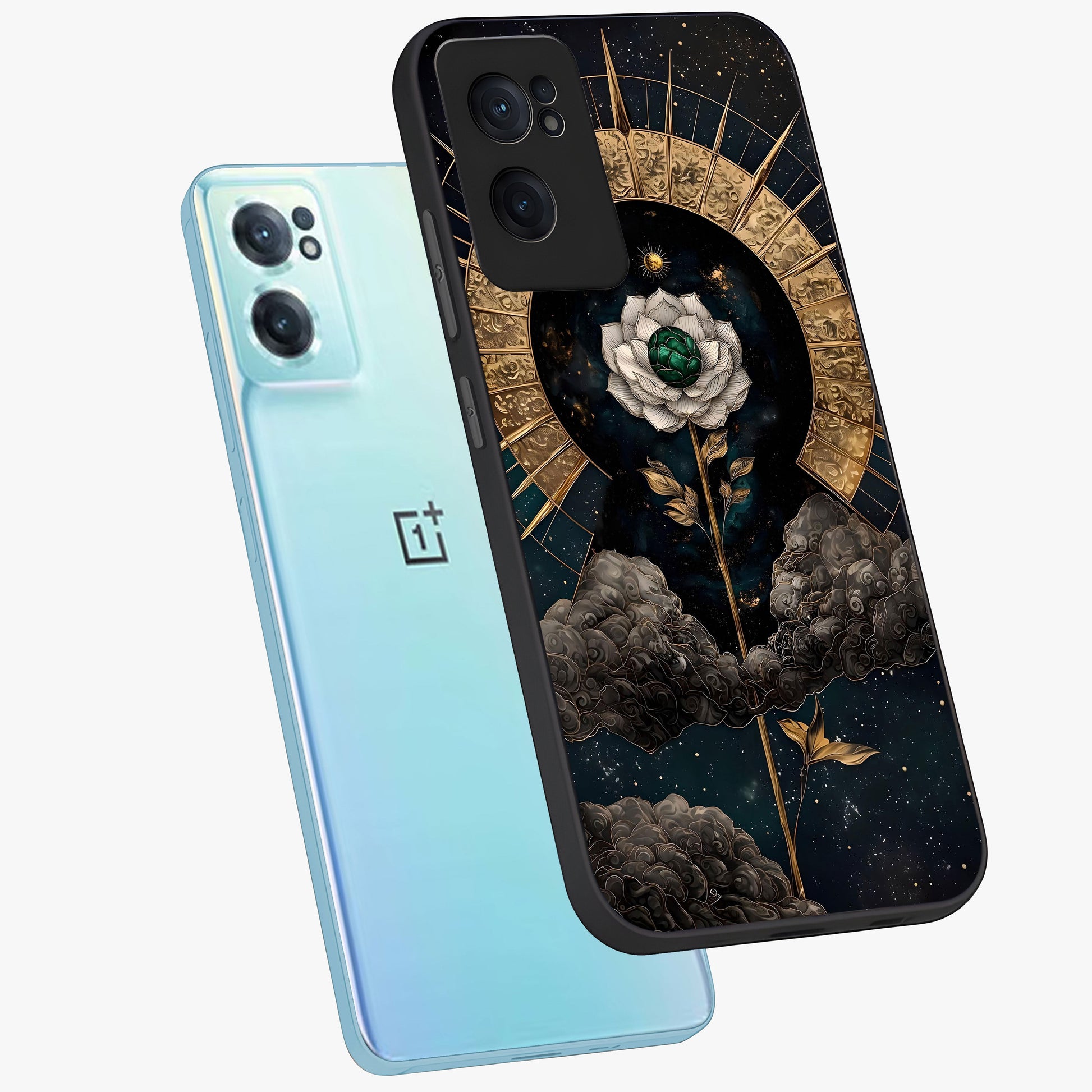 Cosmic Bloom Rose Glass Case for 1+Nord CE 2  side perspective highlighting glowing rose details and smooth premium build