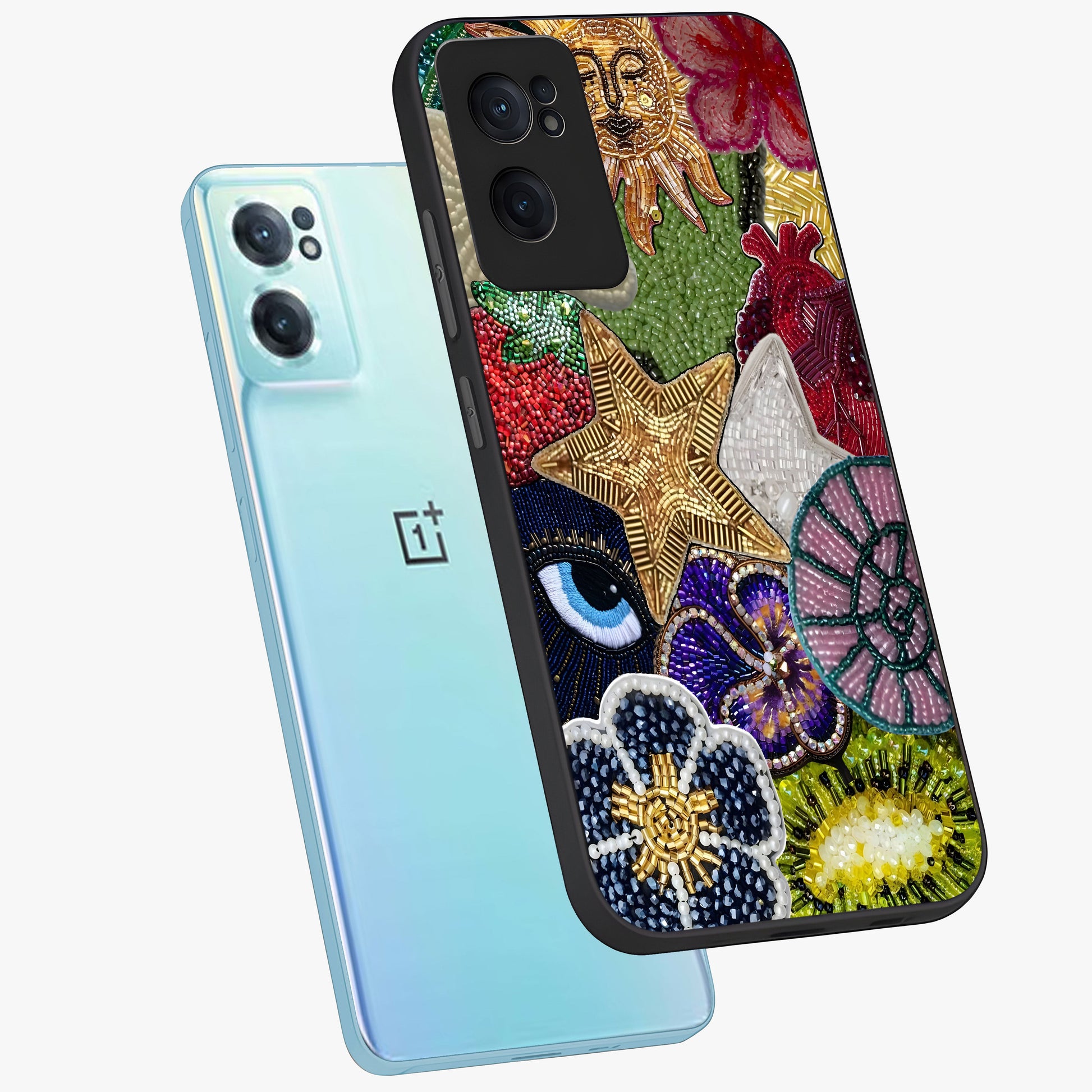 Cosmic Charm Shine Glass Case for 1+Nord CE 2  side perspective highlighting luminous detailing and sleek edge design