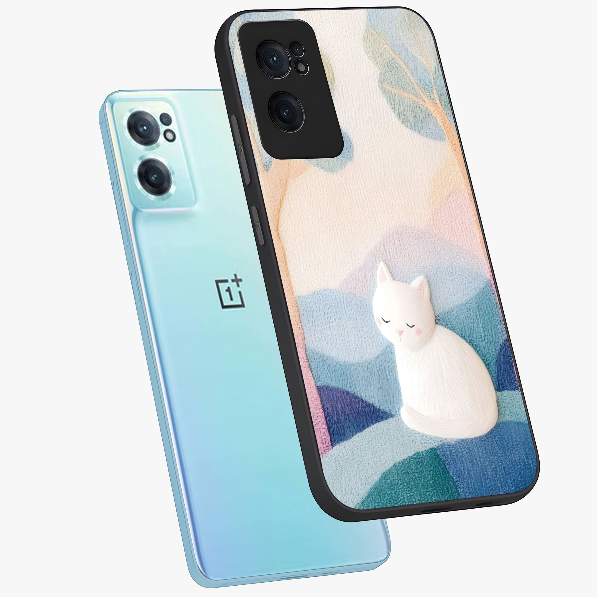 Cotton Dream Cat Glass Case for 1+Nord CE 2  side perspective highlighting cute feline details and smooth premium edges