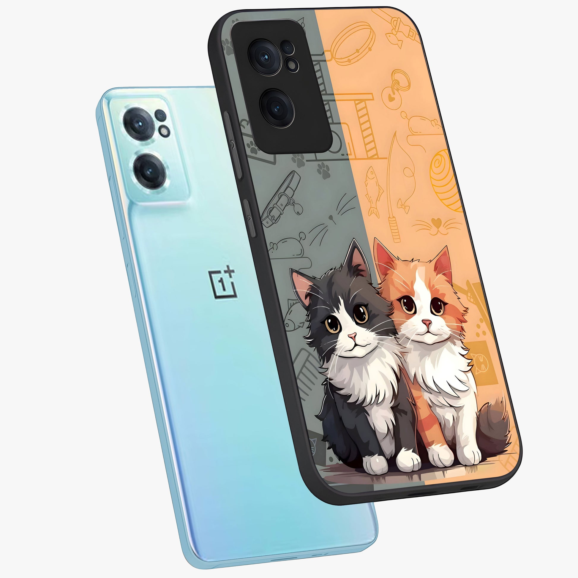 Cozy Cat Duo Glass Case for 1+Nord CE 2  side perspective highlighting playful cat detailing and sleek edges