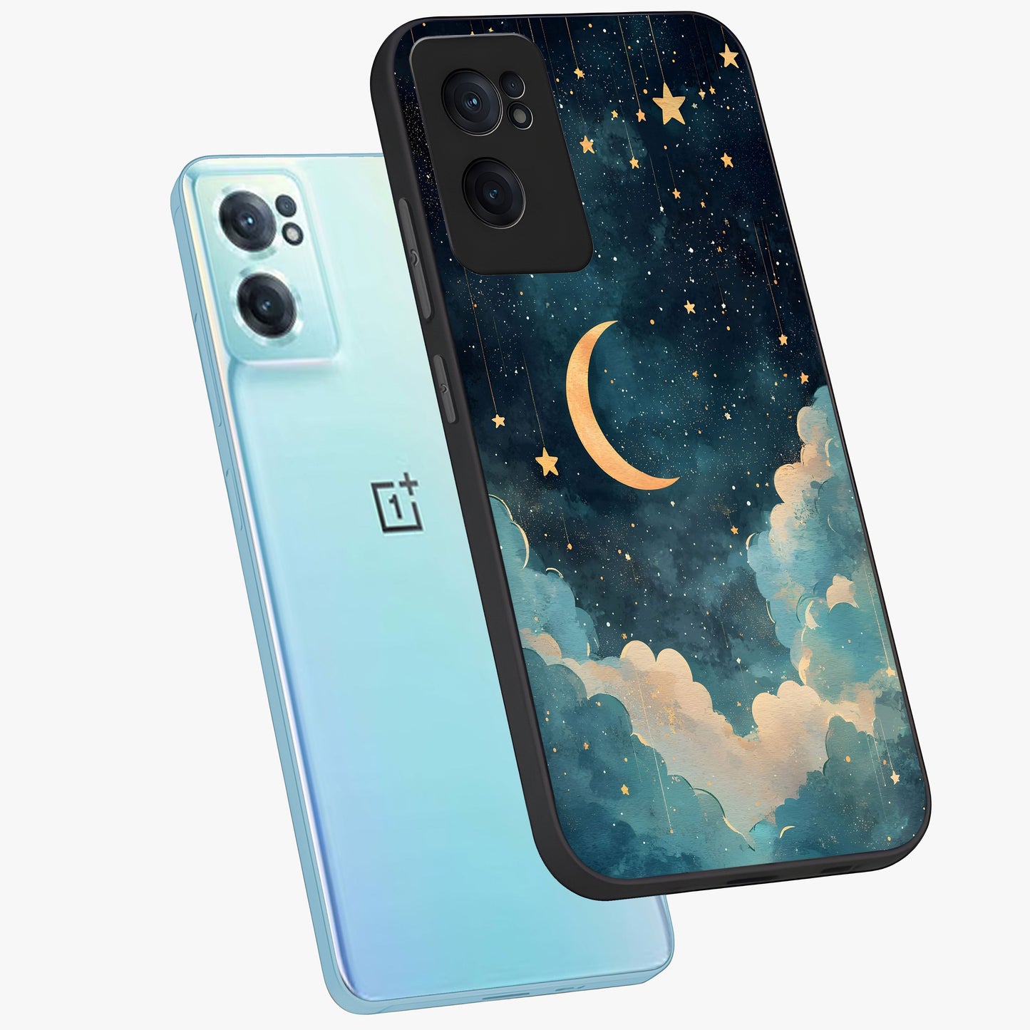 Crescent Galaxy Moon Glass Case for 1+Nord CE 2  side perspective highlighting luminous moon details and premium build