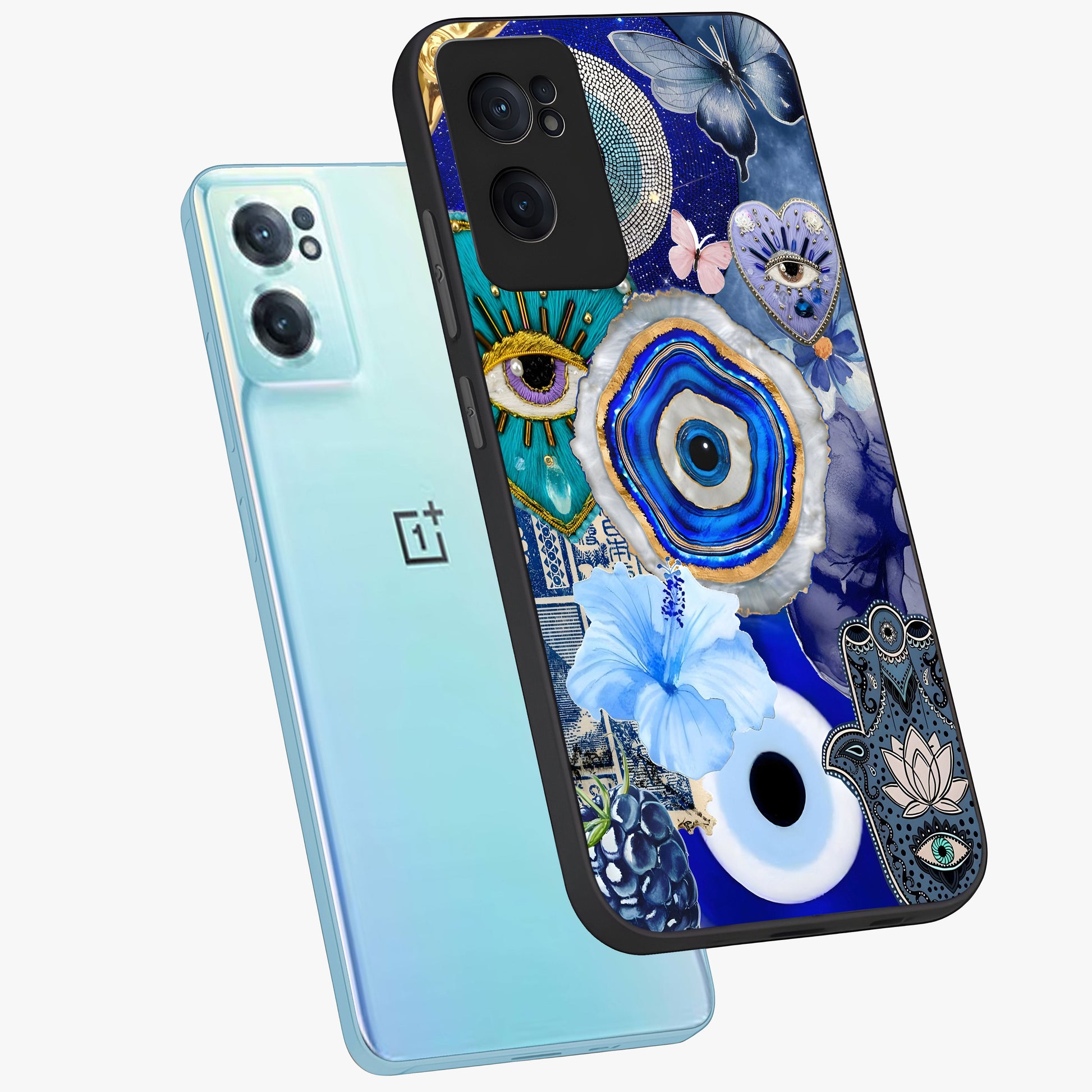 Crimson Evil Eye Charm Glass Case for 1+Nord Ce 2  side perspective highlighting intricate charm design and smooth edges