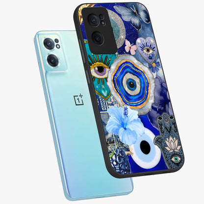 Crimson Evil Eye Charm Glass Case for 1+Nord Ce 2  side perspective highlighting intricate charm design and smooth edges