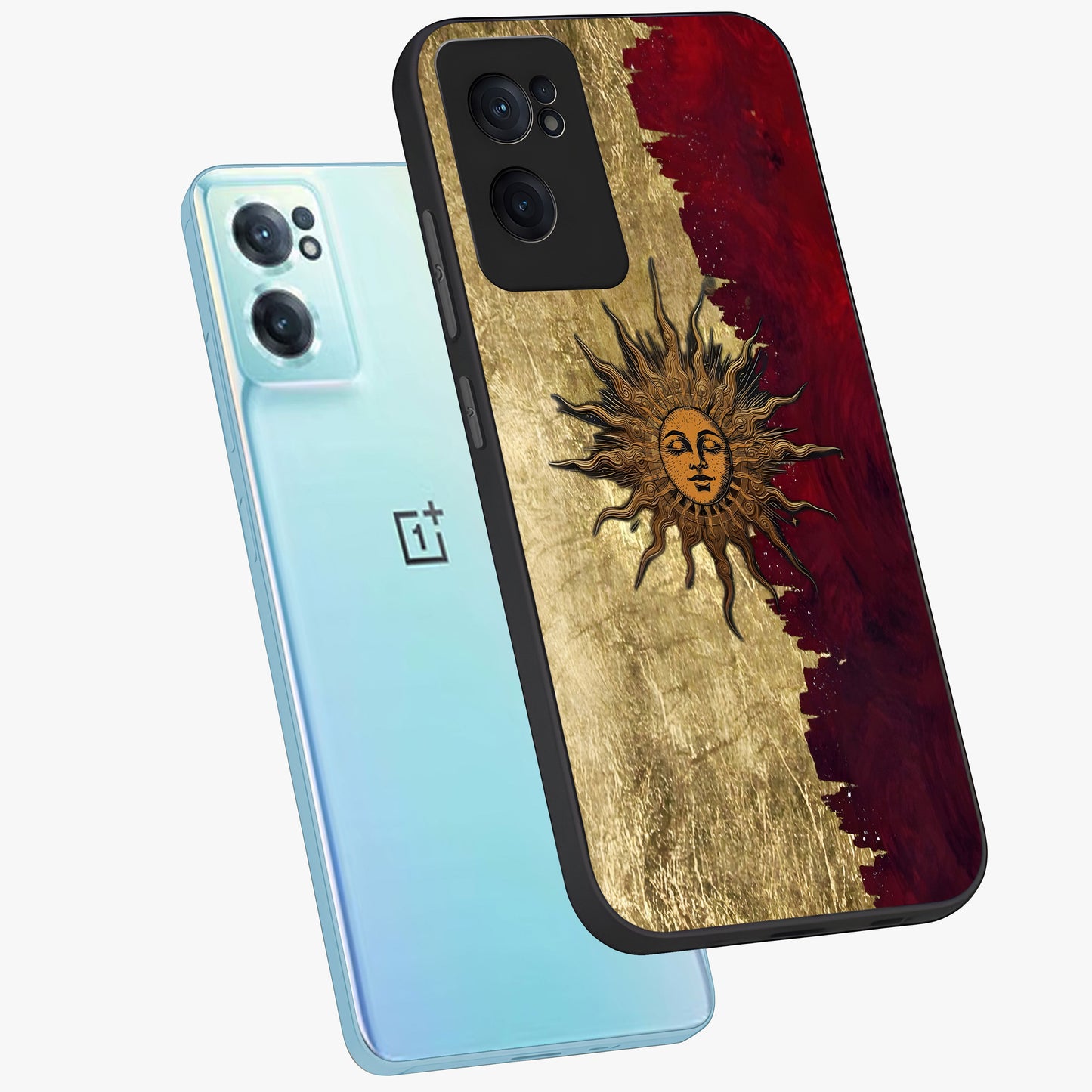 Crimson Sun Majesty Glass Case for 1+Nord CE 2  side perspective highlighting vibrant sun detailing and smooth edges