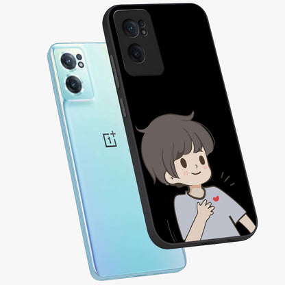 Cute Boy Heart Reaction Glass Case for 1+Nord Ce 2  side perspective highlighting expressive illustration details and premium edges