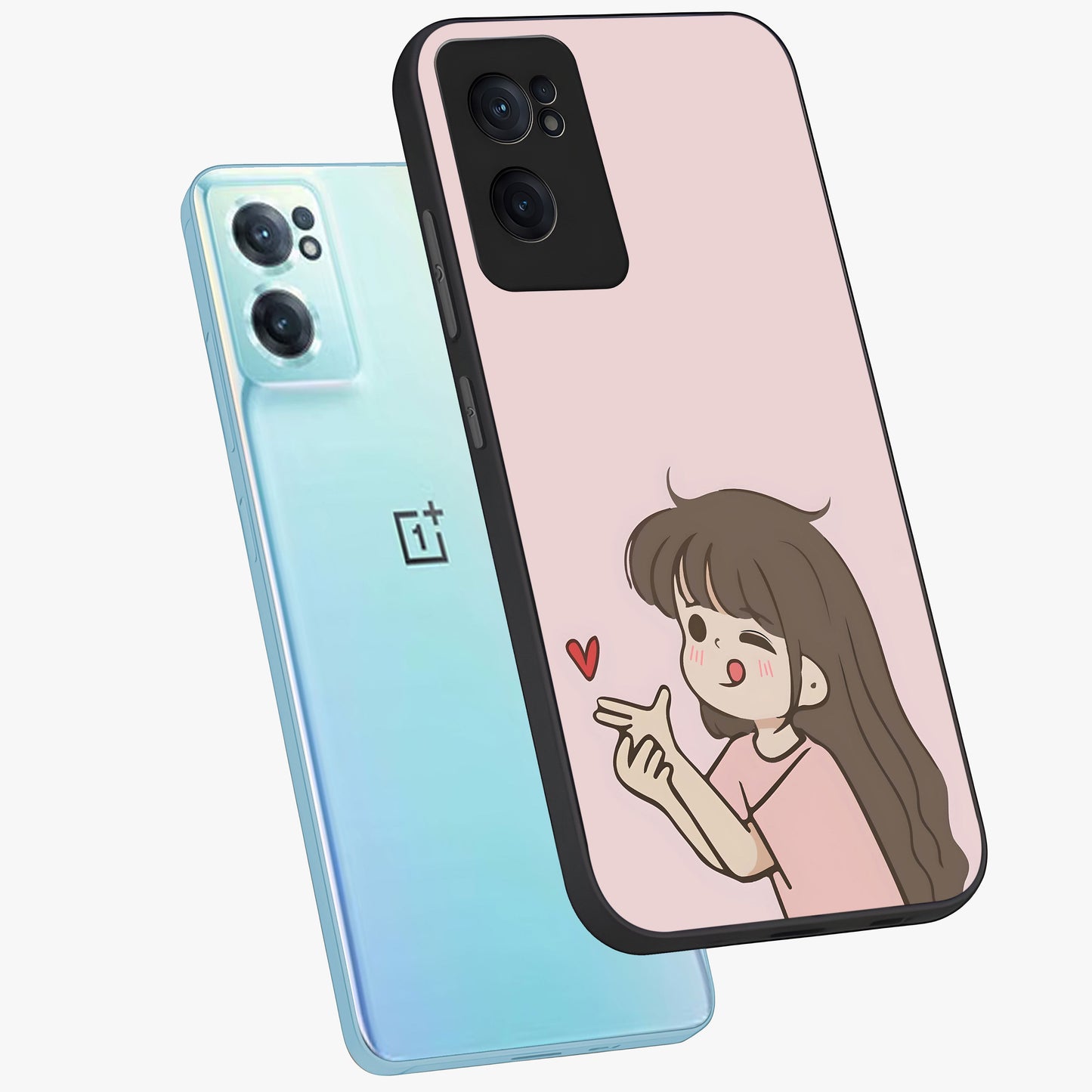 Cute Kiss Heart Glass Case for 1+Nord CE 2  side perspective highlighting delicate heart detailing and premium edge finish