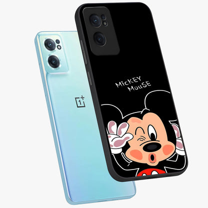Cute Mickey Love Glass Case for 1+Nord Ce 2  side perspective highlighting cute illustration textures and smooth edges