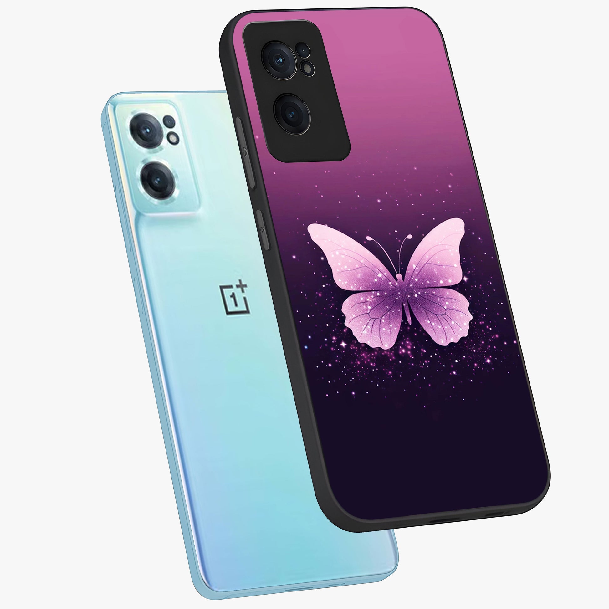 Cute Starry Butterfly Glass Case for 1+Nord Ce 2  side perspective highlighting glowing star details and sleek edge finish