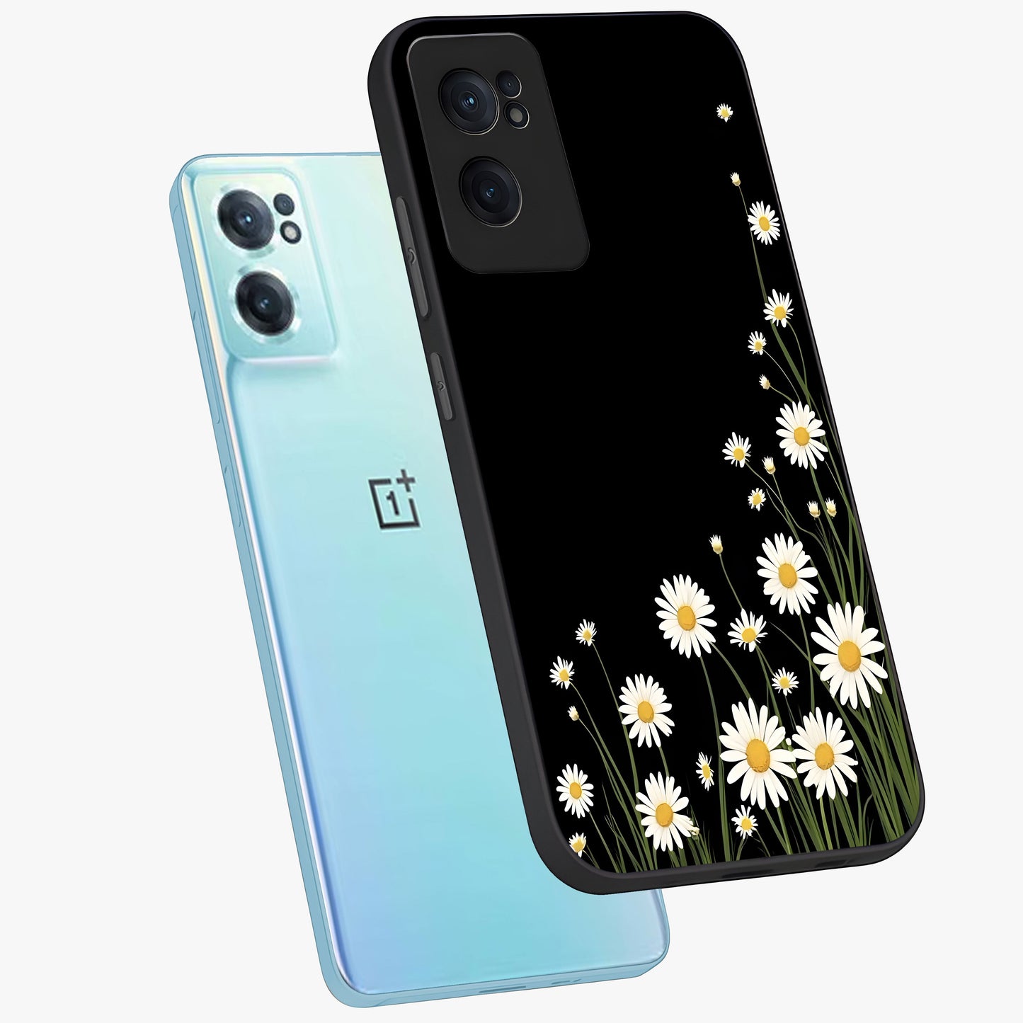 Daisy Cascade on Black Glass Case for 1+Nord CE 2  side perspective highlighting delicate daisy detailing and smooth edges