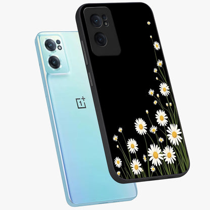 Daisy Cascade on Black Glass Case for 1+Nord CE 2  side perspective highlighting delicate daisy detailing and smooth edges
