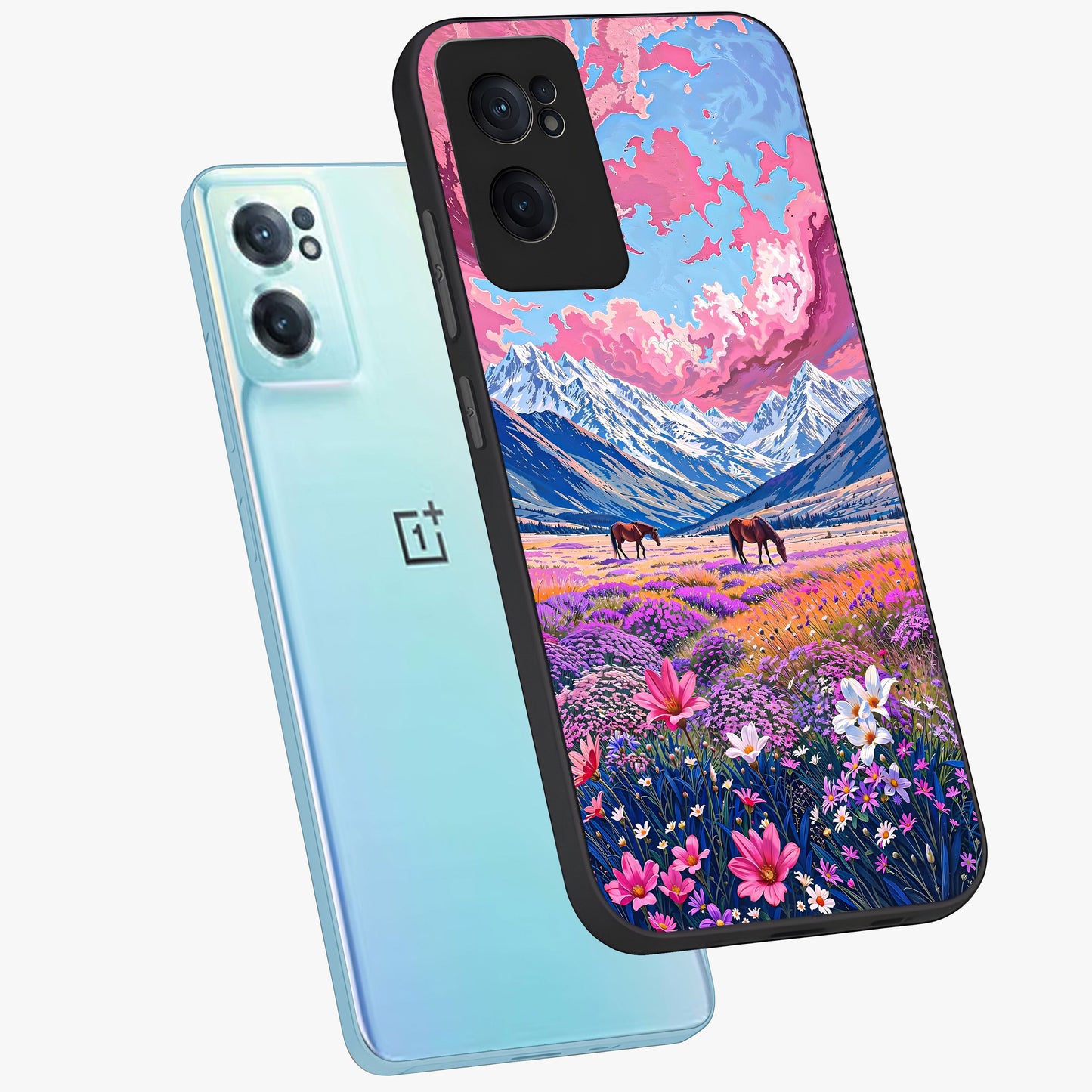 Dreamy Floral Pastures Glass Case for 1+Nord CE 2  side perspective highlighting calming floral detailing and sleek build