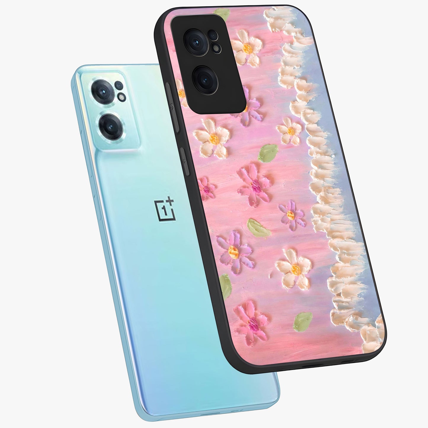 Dreamy Painted Garden Glass Case for 1+Nord CE 2  side perspective highlighting colorful bloom details and premium edges