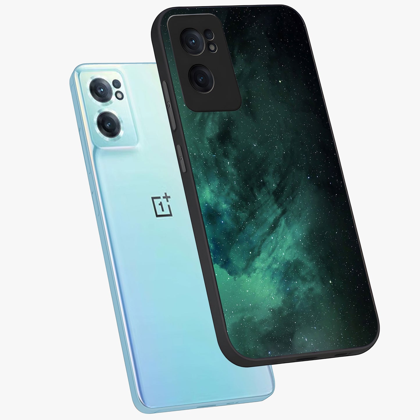 Emerald Green Space Glass Case for 1+Nord CE 2  side perspective highlighting luminous detailing and premium edge finish