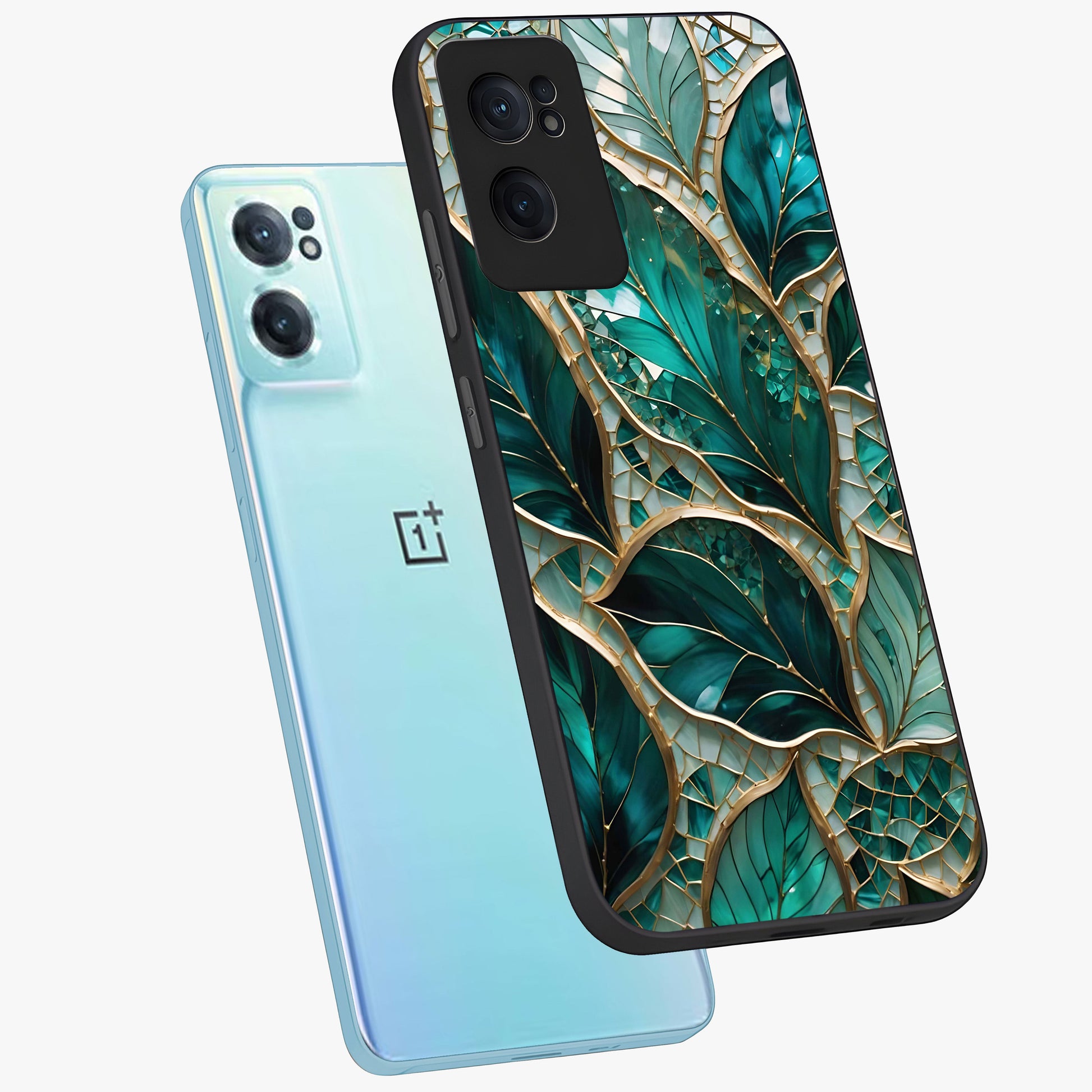 Emerald Leaf Glass Case for 1+Nord CE 2  side perspective highlighting refined leaf textures and sleek build
