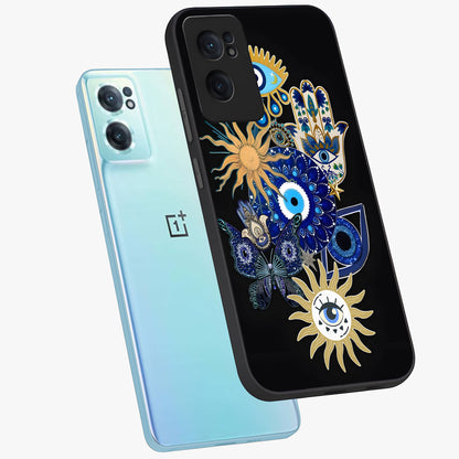 Evil Eye Charm Vibes Glass Case for 1+Nord Ce 2  side perspective highlighting vibrant textures and premium edge finish