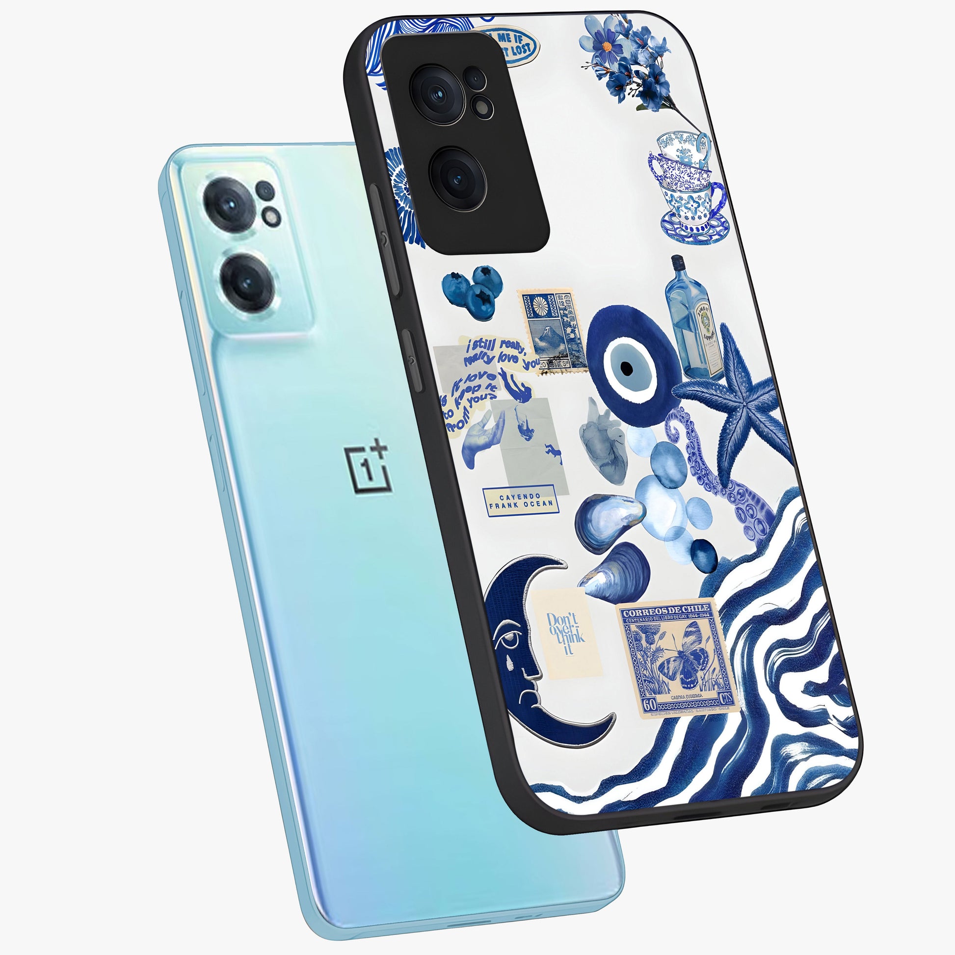 Evil Eyes Dark Blue Glass Case for 1+Nord Ce 2  side perspective highlighting intense blue detailing and premium build