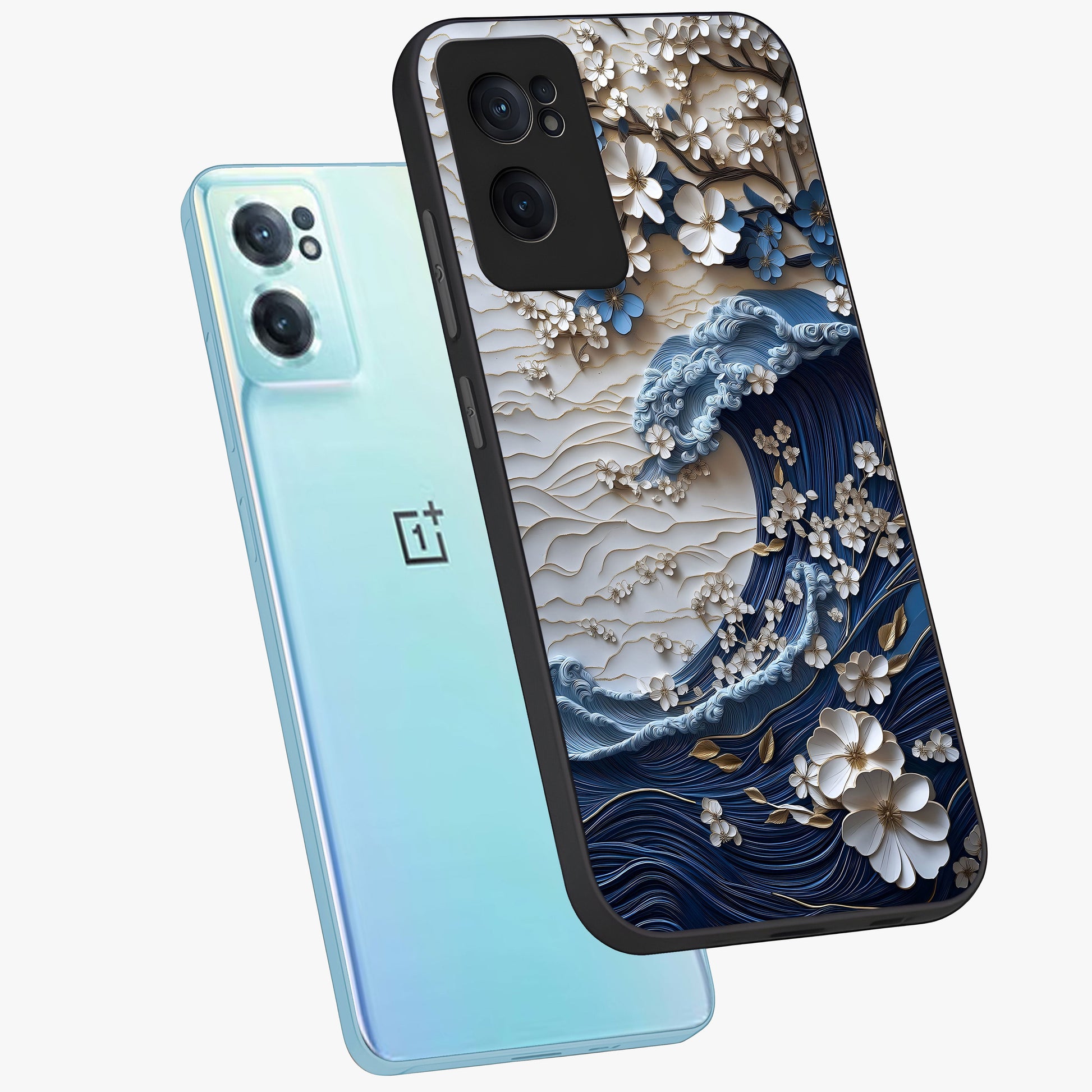 Floral Wave Origami Glass Case for 1+Nord CE 2  side perspective highlighting sharp origami textures and sleek premium edges