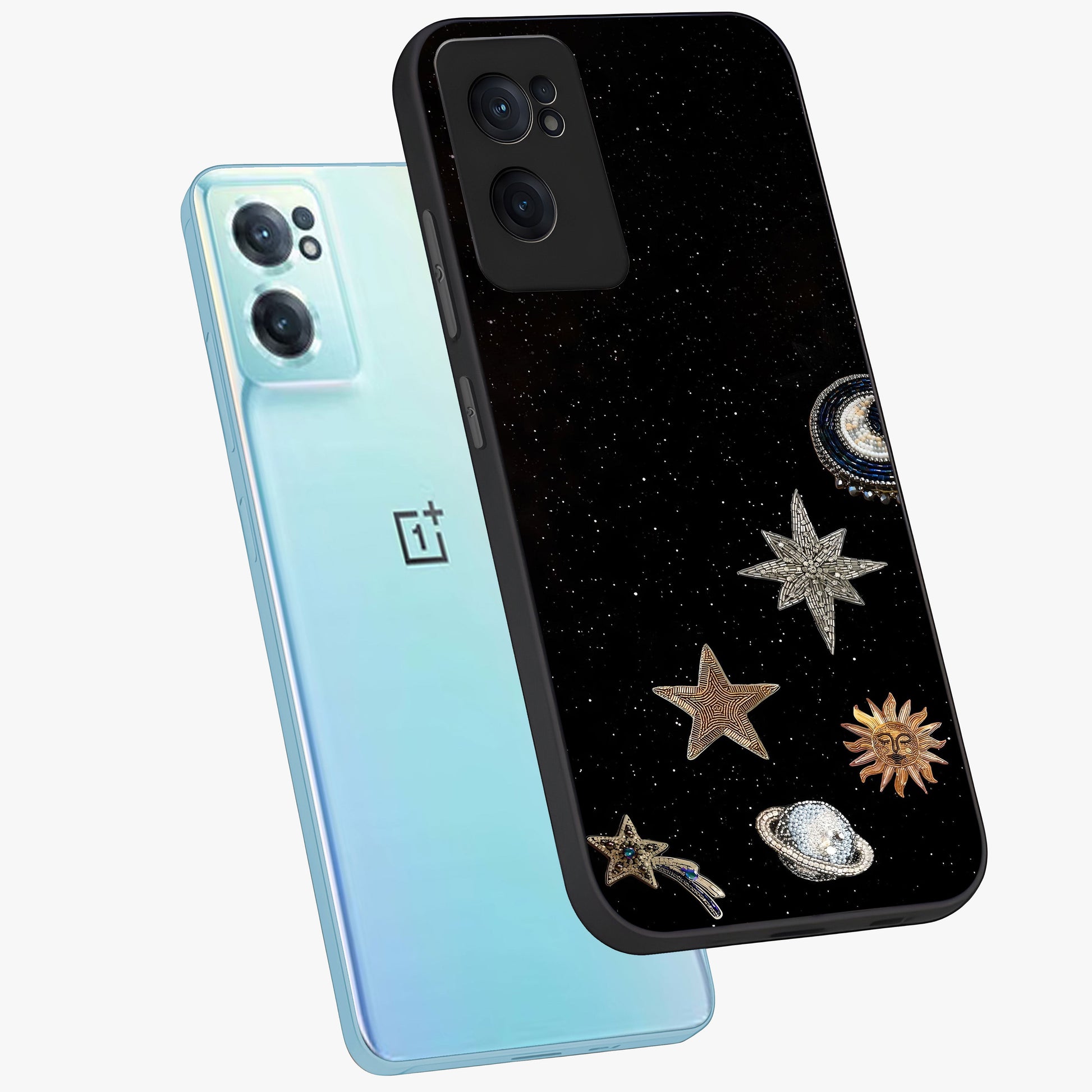 Galactic Charm Glow Glass Case for 1+Nord CE 2  side perspective highlighting vibrant star detailing and sleek premium edges