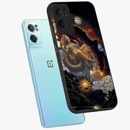 Galactic Divine God Glass Case for 1+Nord CE 2  side perspective highlighting intricate divine detailing and premium edge finish