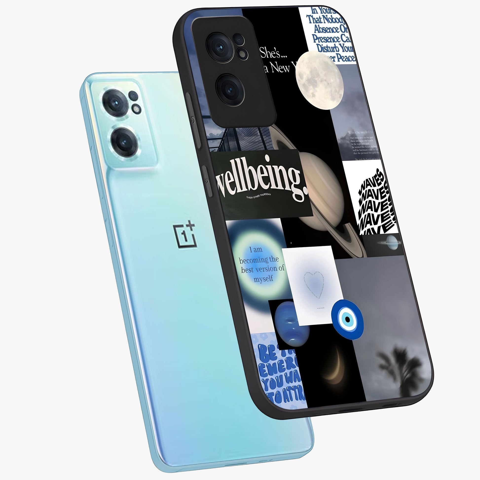 Galactic Energy Collage Glass Case for 1+Nord CE 2  side perspective highlighting bold abstract detailing and sleek build