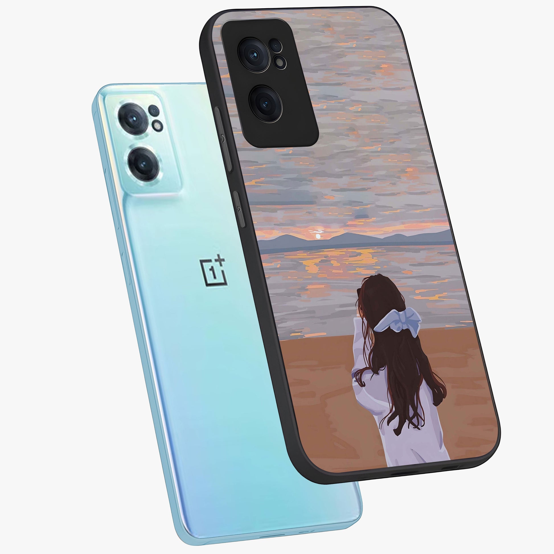 Girl Facing Sunset Beach Glass Case for 1+Nord CE 2  side perspective highlighting calming sunset gradients and smooth edges