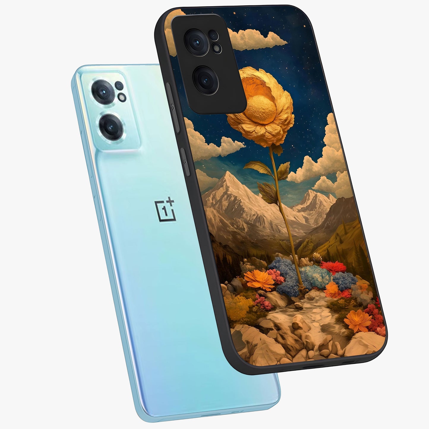 Golden Bloom Night Glass Case for 1+Nord CE 2  side perspective highlighting radiant bloom detailing and premium edges