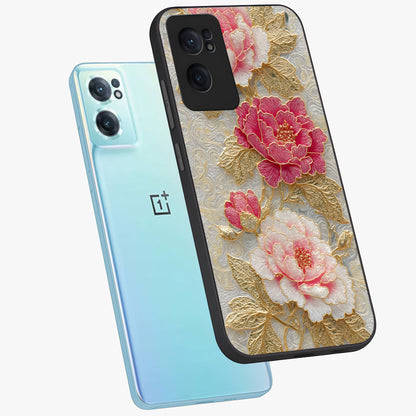 Golden Blossom Elegance Glass Case for 1+Nord CE 2  side perspective highlighting delicate floral textures and sleek build