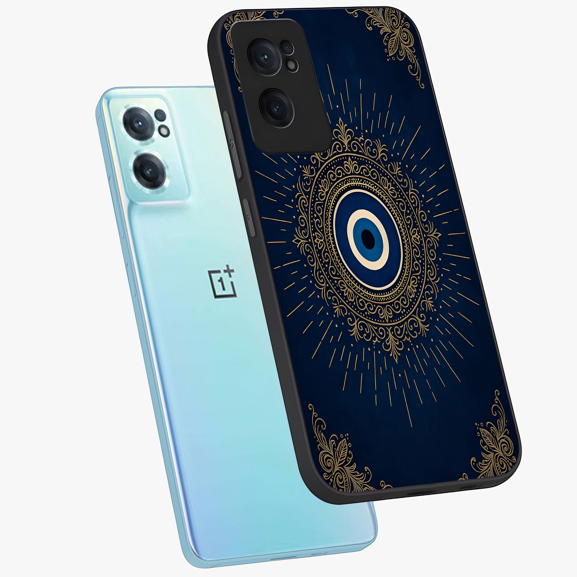 Golden Evil Eye Mandala Glass Case for 1+Nord Ce 2  side perspective highlighting rich textures and sleek premium build