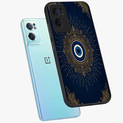 Golden Evil Eye Mandala Glass Case for 1+Nord Ce 2  side perspective highlighting rich textures and sleek premium build