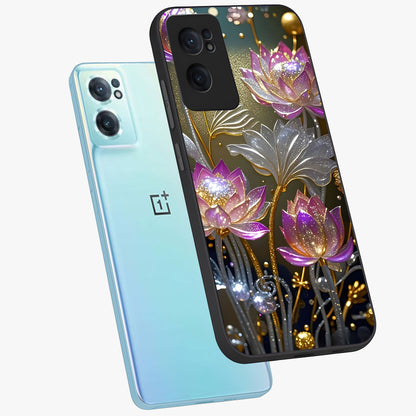 Golden Lotus Glow Glass Case for 1+Nord CE 2  side perspective highlighting intricate lotus detailing and premium edge finish