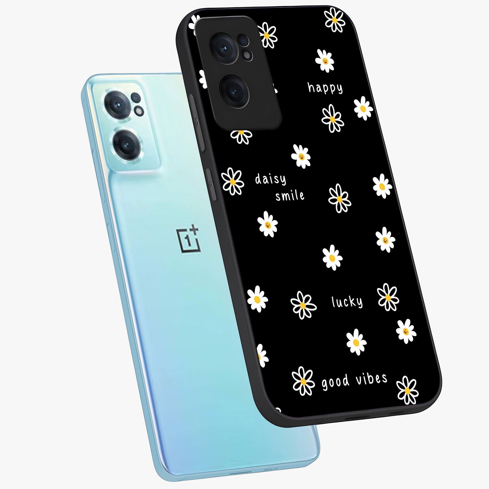 Good Vibes Daisy Black Pattern Glass Case for 1+Nord CE 2  side perspective highlighting playful daisy detailing and smooth edges
