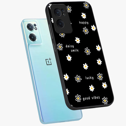 Good Vibes Daisy Black Pattern Glass Case for 1+Nord CE 2  side perspective highlighting playful daisy detailing and smooth edges