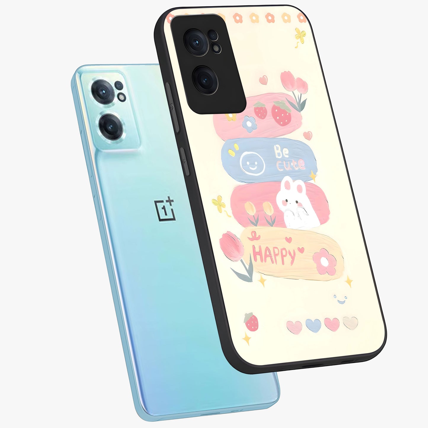 Happy Cute Bunny Glass Case for 1+Nord Ce 2  side perspective highlighting charming character detailing and smooth build