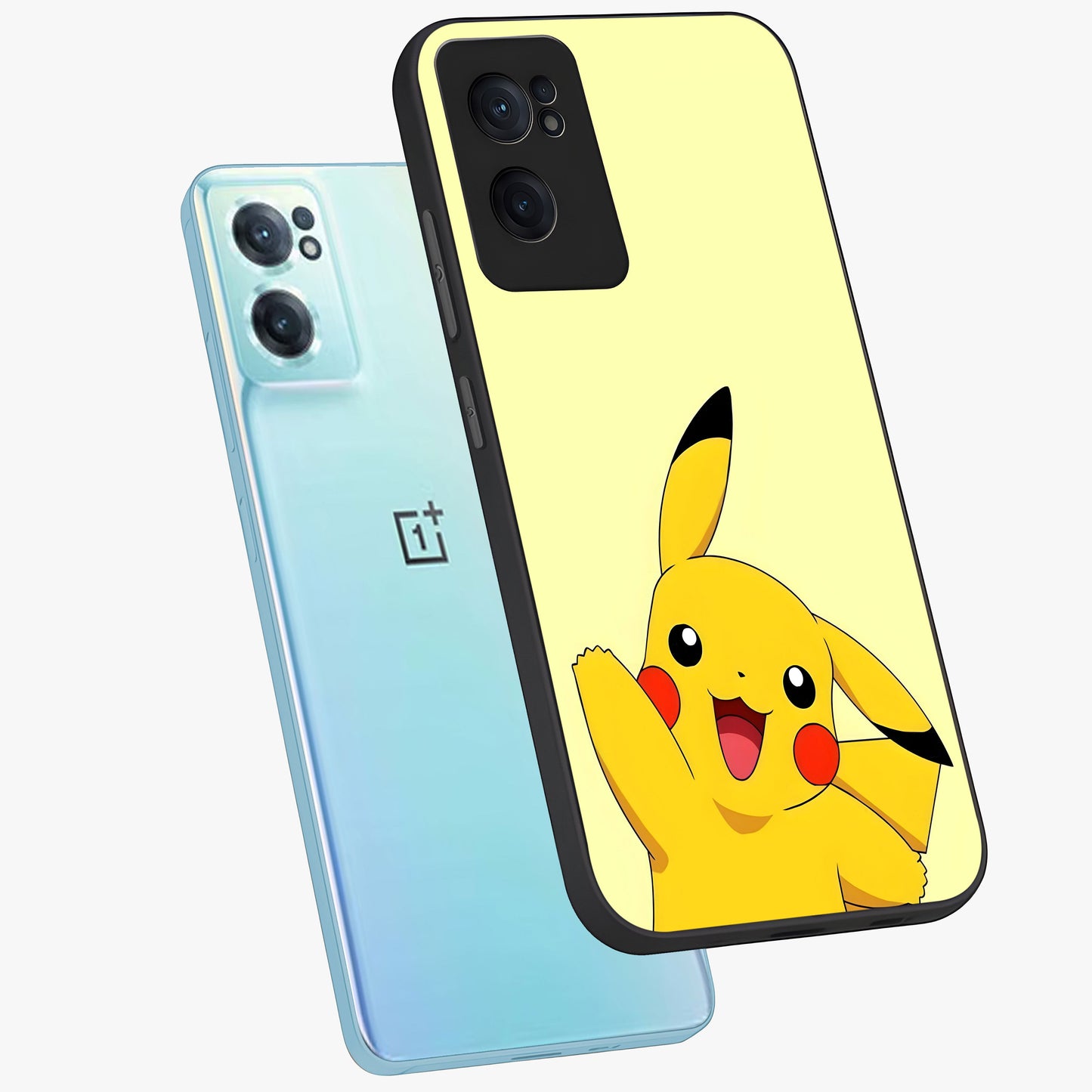 Happy Electric Pikachu Glass Case for 1+Nord CE 2  side perspective highlighting lively character detailing and sleek build