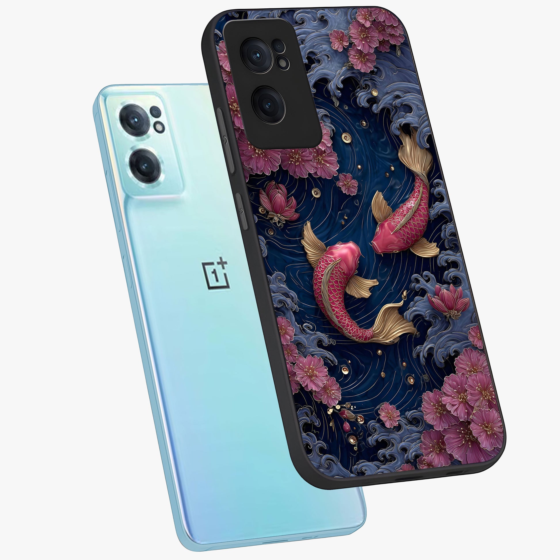 Koi Wave Dance Glass Case for 1+Nord CE 2  side perspective highlighting dynamic motion detailing and smooth build