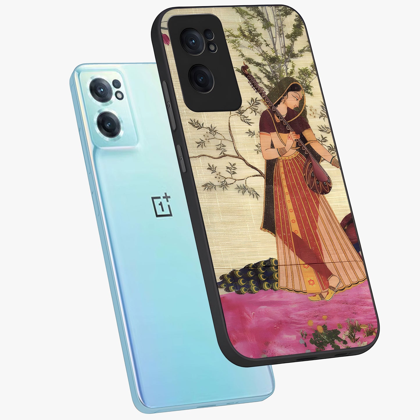 Lady With Veena Art Glass Case for 1+Nord CE 2  side perspective highlighting graceful illustration textures and sleek build