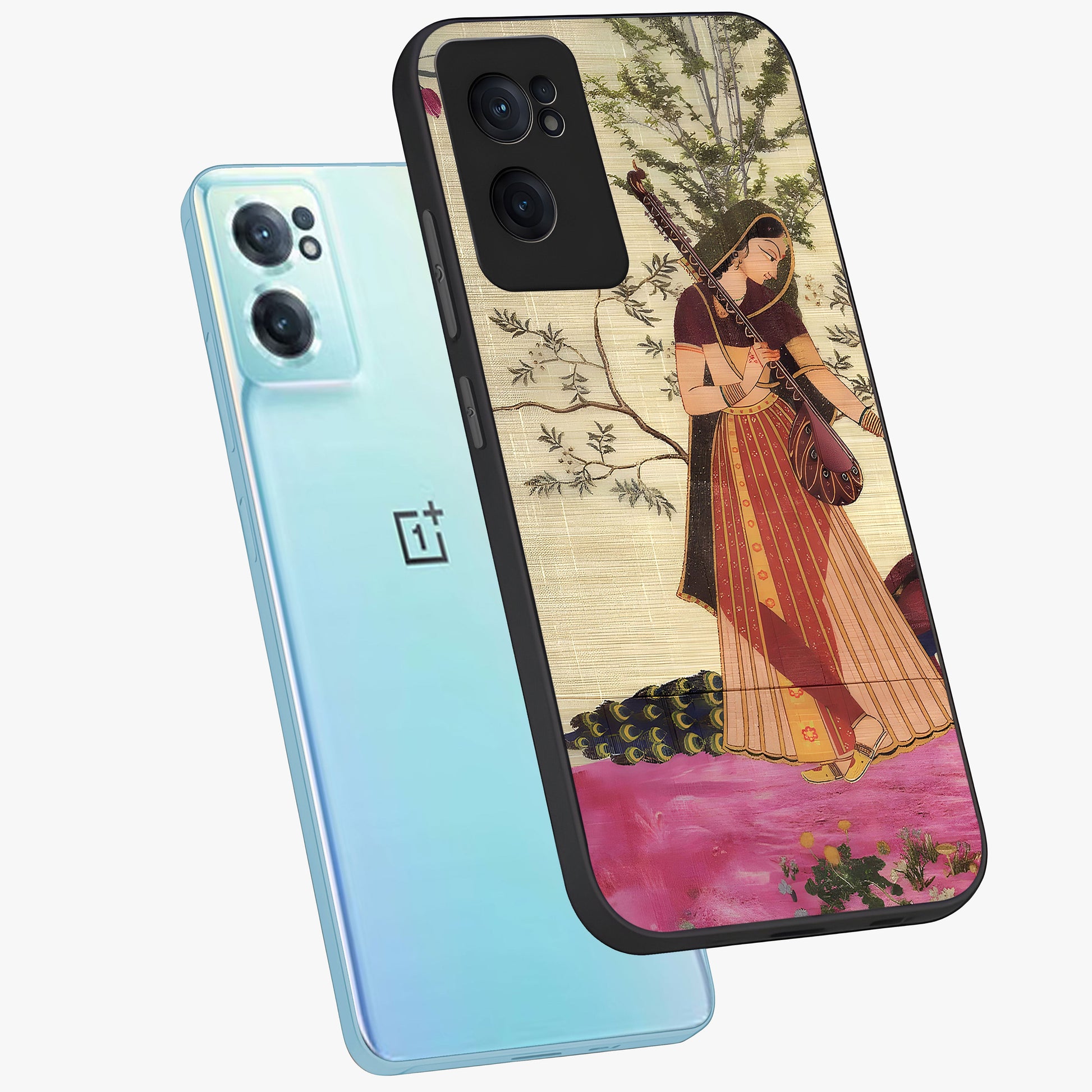 Lady With Veena Art Glass Case for 1+Nord CE 2  side perspective highlighting graceful illustration textures and sleek build