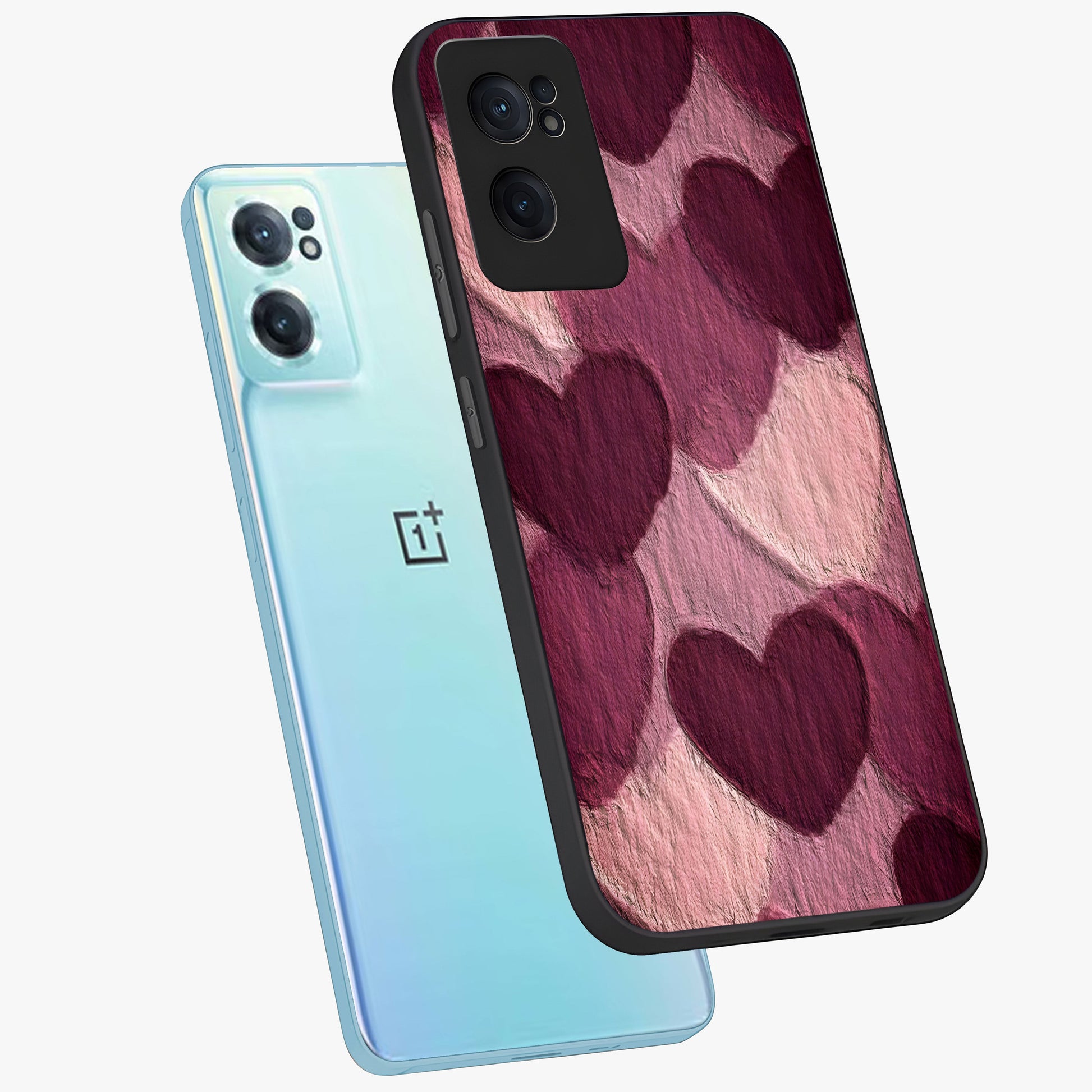 Layered Paper Hearts Glass Case for 1+Nord CE 2  side perspective highlighting layered texture detailing and premium edges