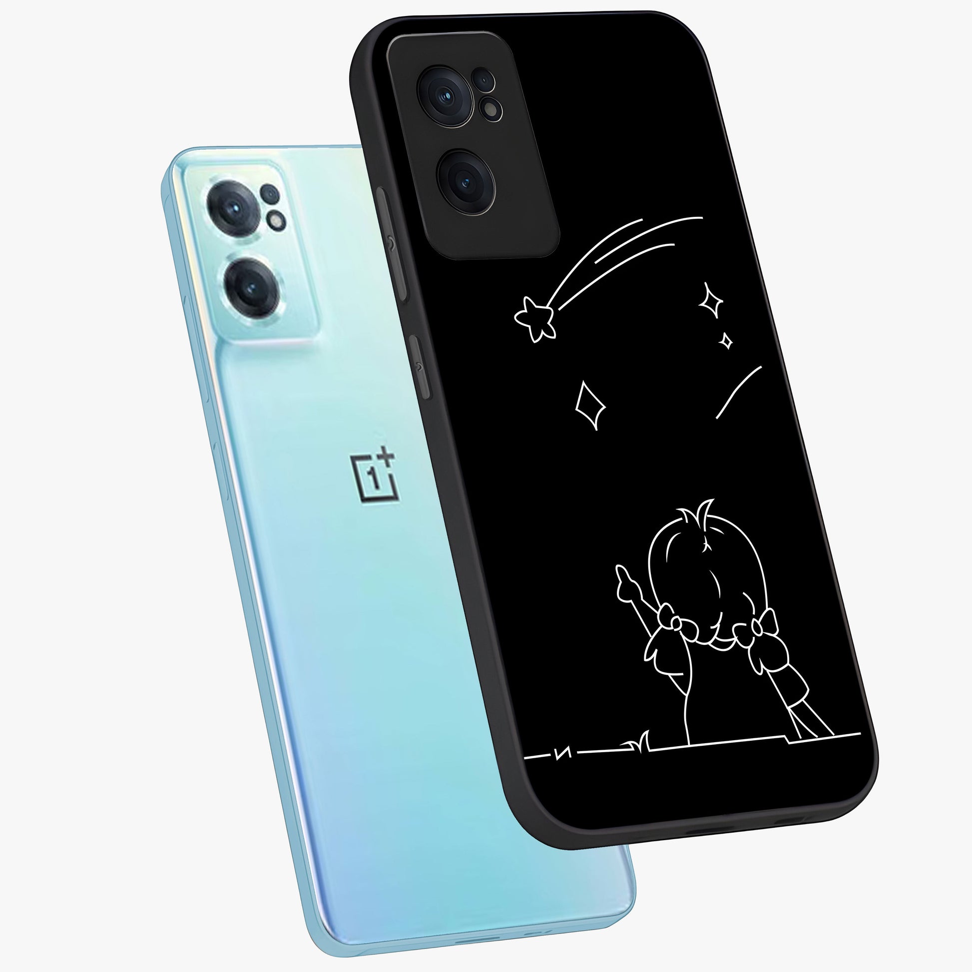 Line Art Girl With Shooting Stars Glass Case for 1+Nord Ce 2  side perspective highlighting subtle star textures and premium build