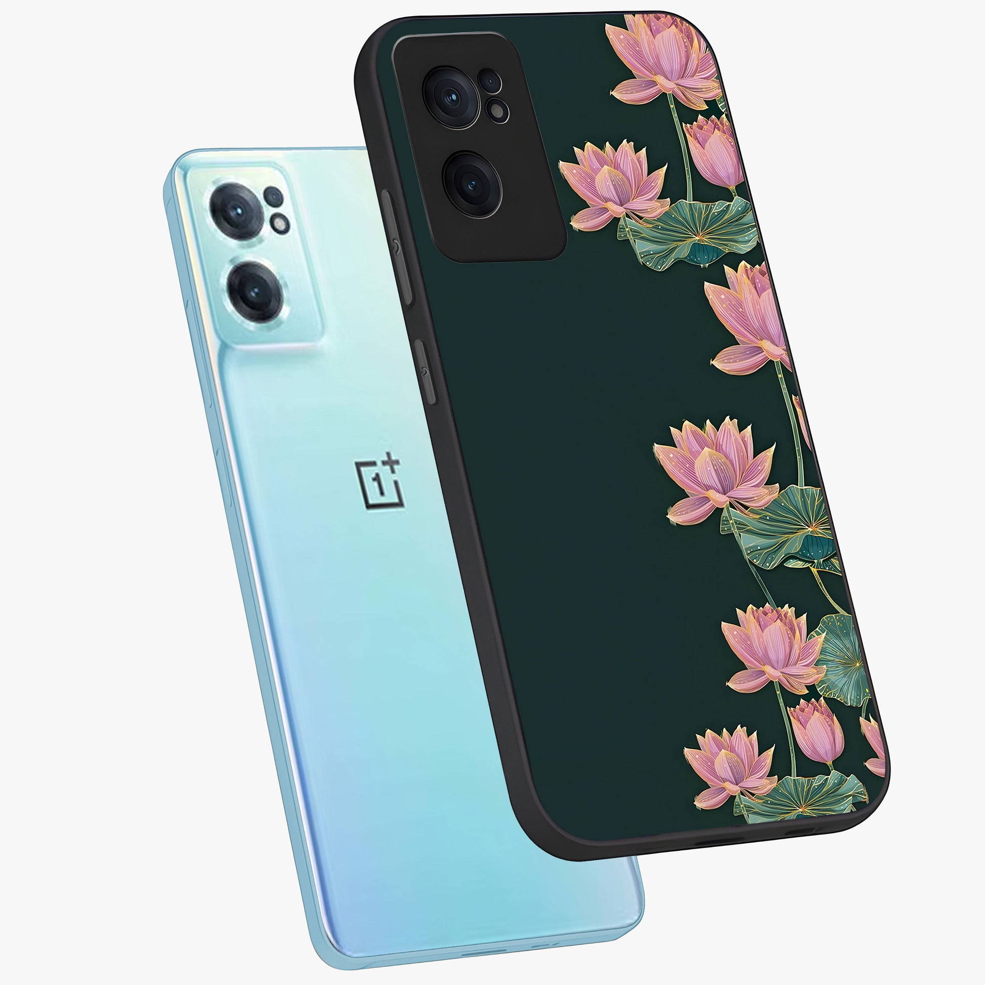 Lotus Bloom Serenity Glass Case for 1+Nord CE 2  side perspective highlighting delicate petal textures and premium edges