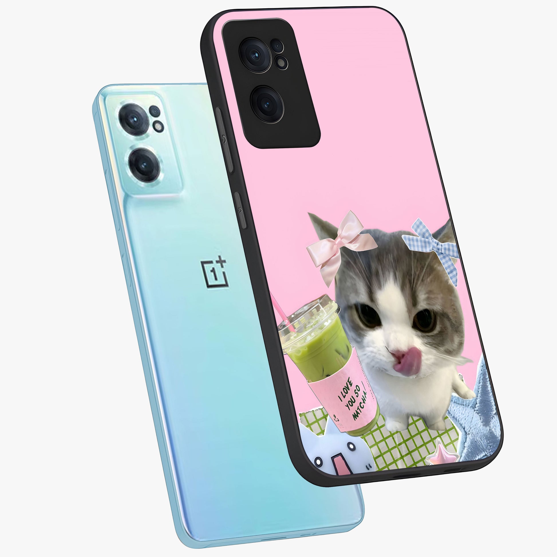 Love Matcha Cat Glass Case for 1+Nord CE 2  side perspective highlighting charming feline textures and smooth edges