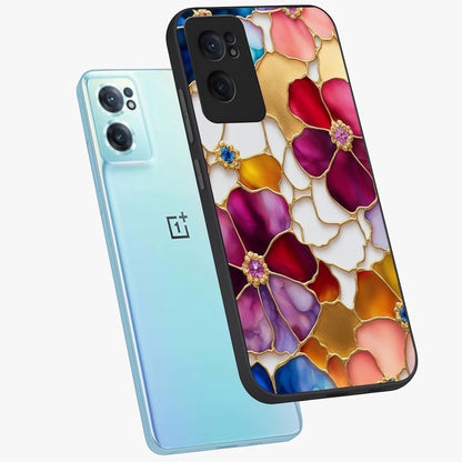 Marble Flower Pattern Glass Case for 1+Nord CE 2  side perspective highlighting elegant marble textures and sleek build