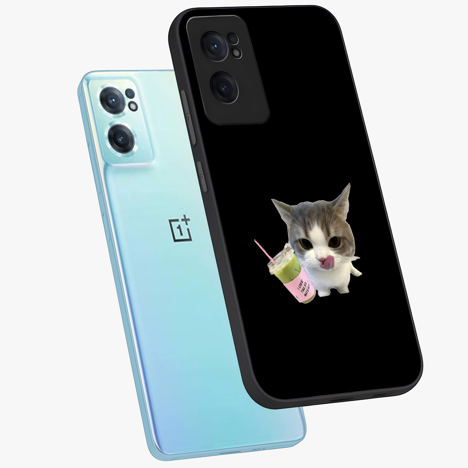Matcha Cat Style Glass Case for 1+Nord CE 2  side perspective highlighting charming feline textures and smooth premium edges