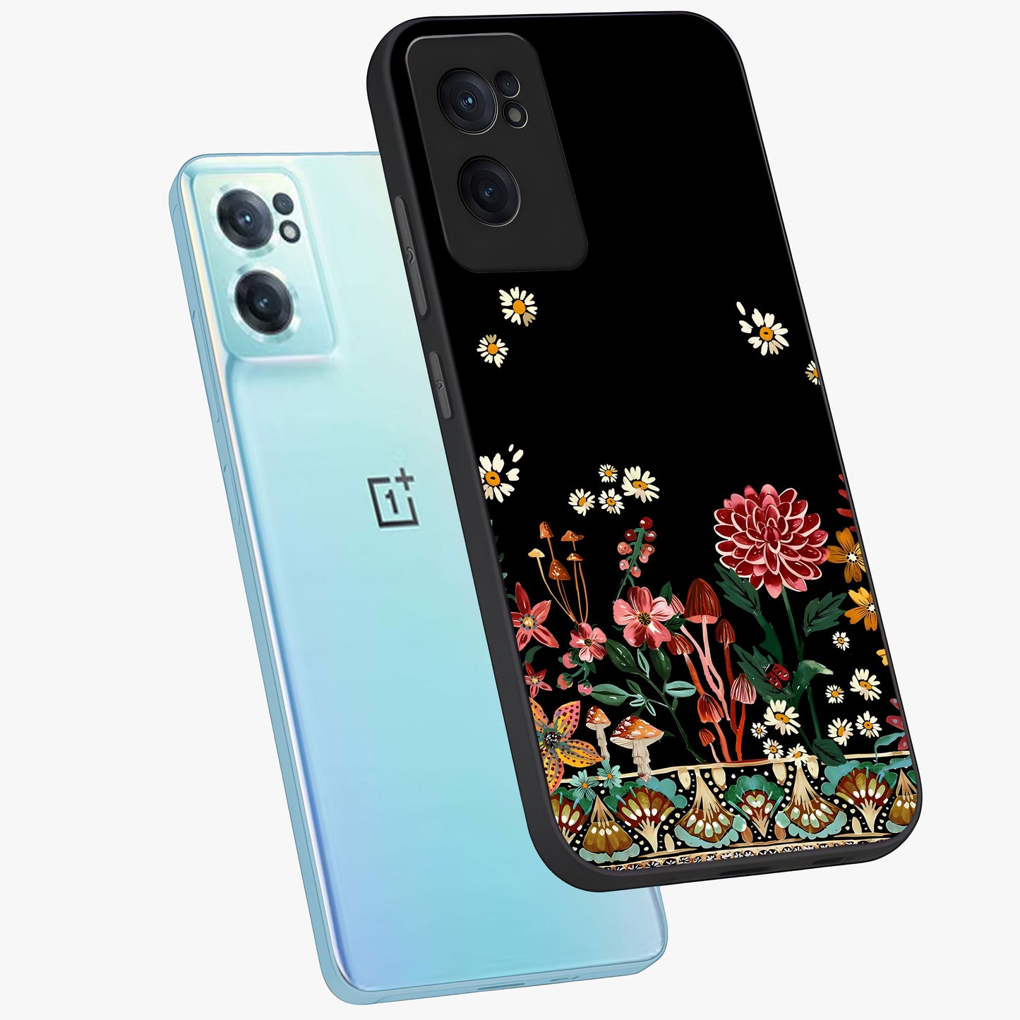 Midnight Bloom Pattern Glass Case for 1+Nord CE 2  side perspective highlighting intricate floral textures and premium edges