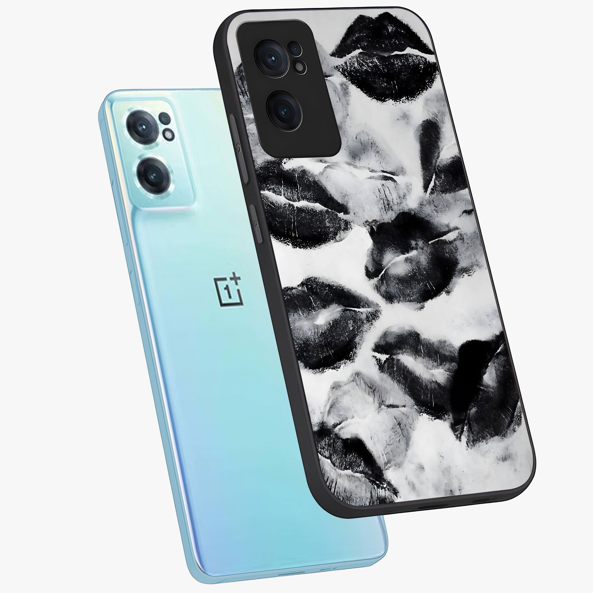 Midnight Kiss Marks Glass Case for 1+Nord CE 2  side perspective highlighting playful detailing and premium edge finish