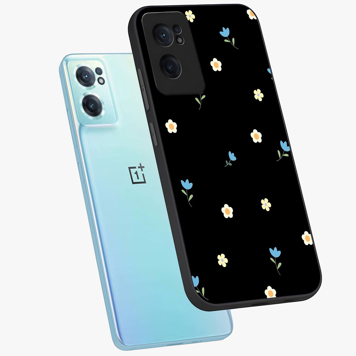 Minimalistic Blue With White Flower Pattern Glass Case for 1+Nord CE 2  side perspective highlighting subtle floral textures and premium edges
