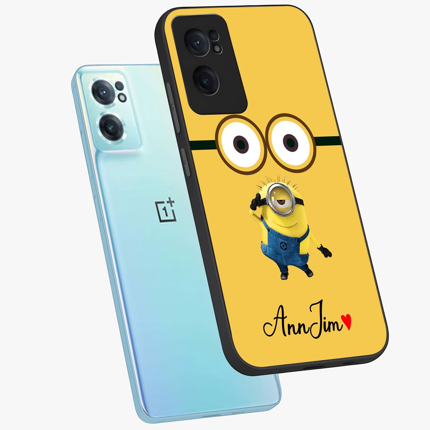 Minion Custom Name Glass Case for 1+Nord CE 2  side perspective highlighting custom typography and smooth premium build