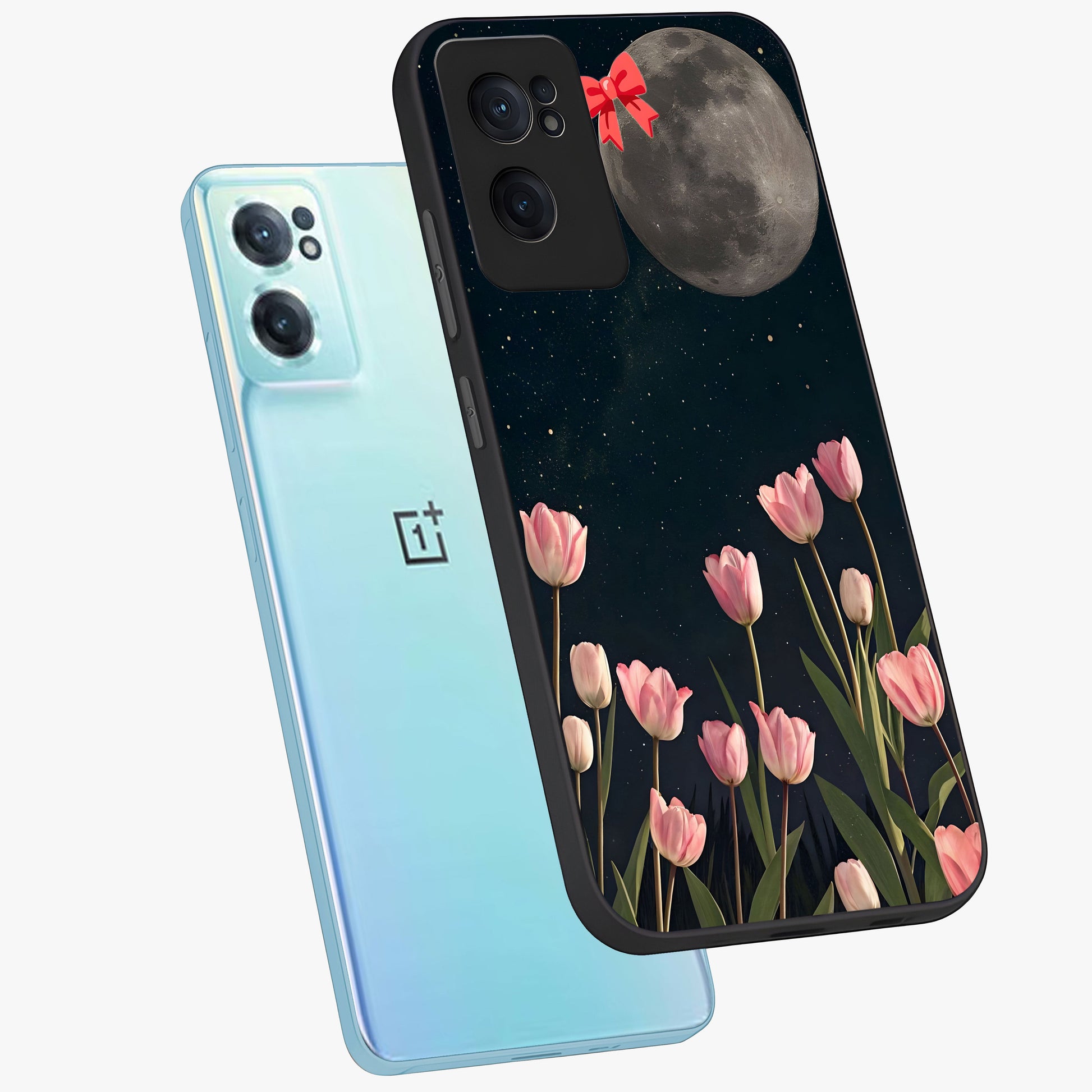Moonlit Night Tulip Glass Case for 1+Nord CE 2  side perspective highlighting delicate petal textures and sleek build