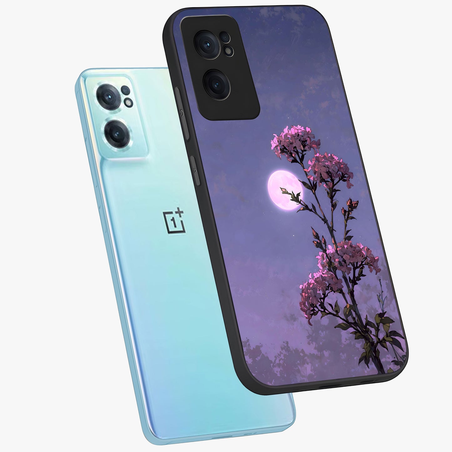 Moonlit Petal Night Glass Case for 1+Nord Ce 2  side perspective highlighting graceful petal textures and smooth build